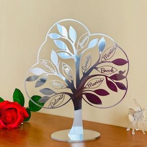 Personalized Family Tree Art Decor Freestanding Tree of Life & Bird Custom Sign Laser Cut Names Mothers Day Wedding Gift Silver Anniversary