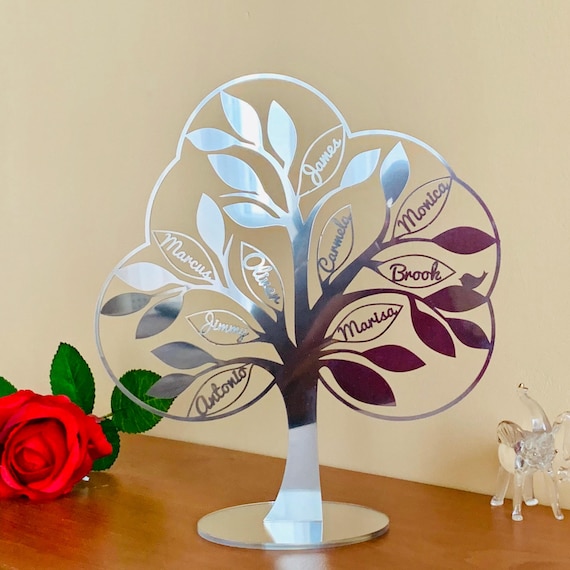 Personalized Family Tree Art Decor Freestanding Tree of Life & Bird Custom Sign Laser Cut Names Mothers Day Wedding Gift Silver Anniversary