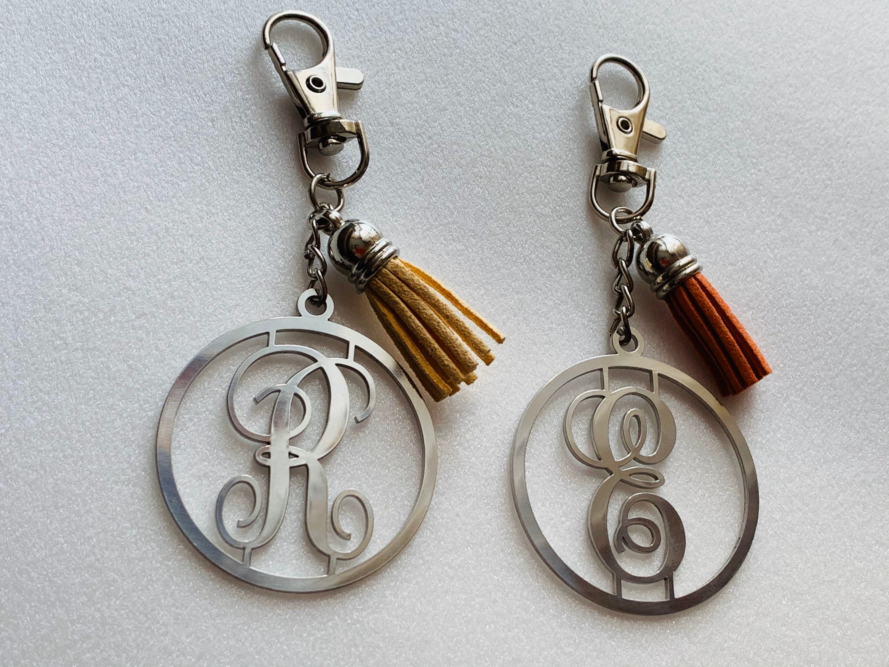 Personalized Keychain with Tassel for Women Silver Monogram Keyring