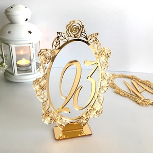Wedding Table Numbers Table Signs for Weddings Table Centerpieces with Base Freestanding Acrylic Table Markers Laser Cut Roses Flower Decor