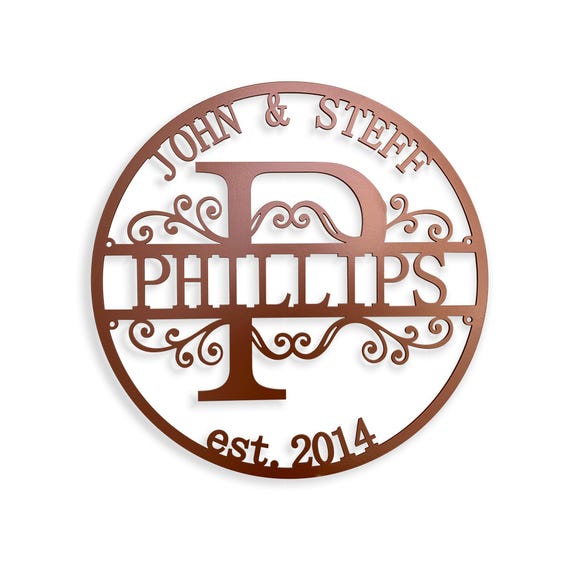 Personalized Family Name Sign, Split Letter Monogram, Copper Metal Wall Decor