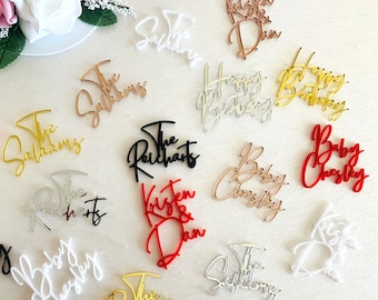 Personalized Name Cupcake Toppers Custom Wedding Charms Mini Cake Topper Hand Lettered Cake Centerpiece Custom Cake Charms Laser Cut Names