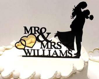 Adorno para tarta de boda personalizado con corazones para el Sr. y la Sra. - Siluetas personalizadas de novios