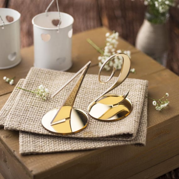 Wedding Table Numbers Centerpieces Gold Mirror Silver Mirrored Laser Cut Acrylic Sign Reception Decor Table Number Holders Freestanding 3.4"