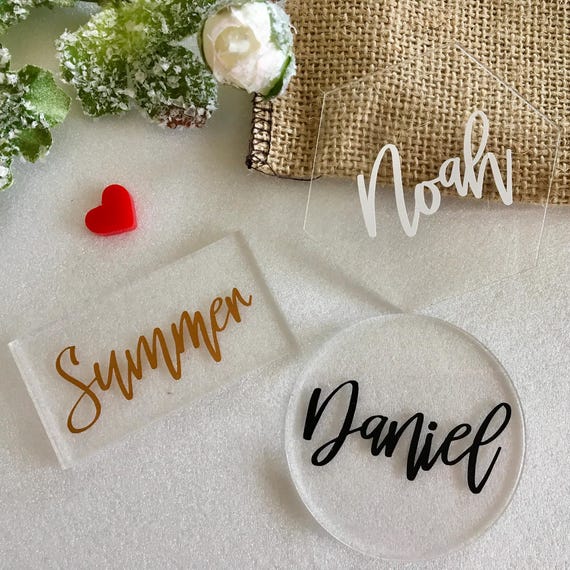 Clear Acrylic Place Cards Personalized Geometric Wedding Laser Cut Guest Names Escort Cards Custom Place settings Hexagon Circle Rectangle
