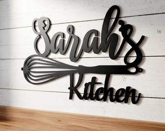 Custom Kitchen Name Sign, Metal Whisk Wall Decor for Home Chef, Cooking Wall Art
