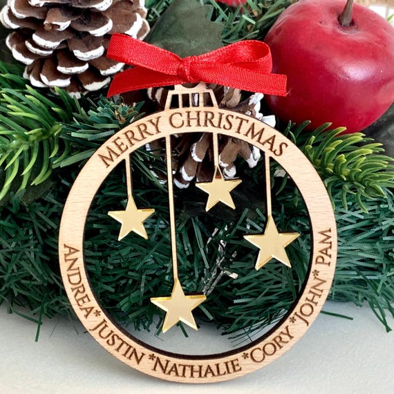 Personalized Family Christmas Tree Ornament with Custom Engraved Names Laser Cut Wood Ball & Hanging Acrylic Stars Xmas Holiday Decorations
