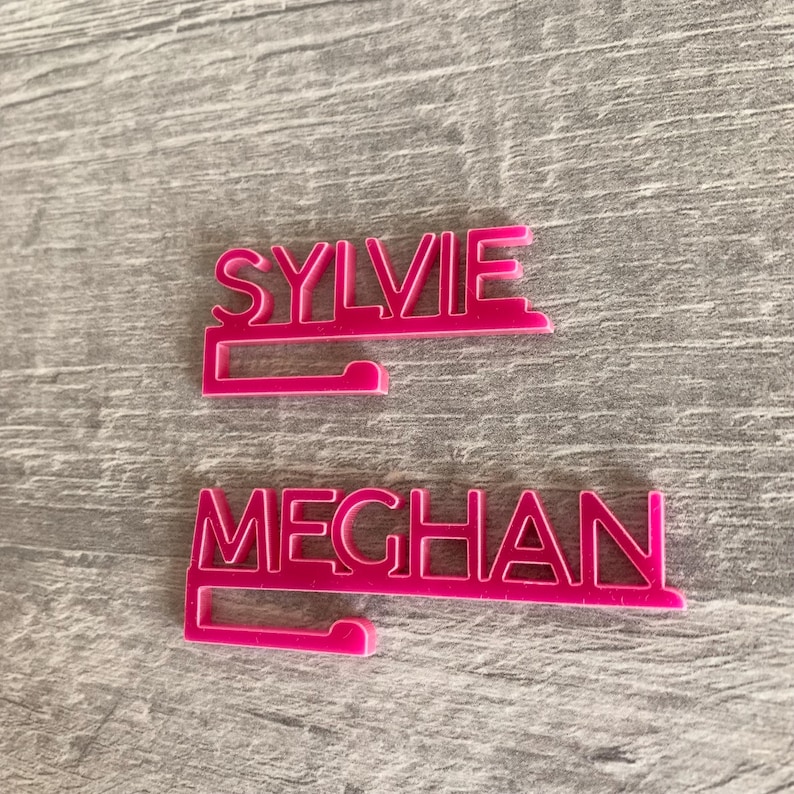 Two pink plastic nameplate holders with the names "SYLVIE" and "MEGHAN" printed in white.