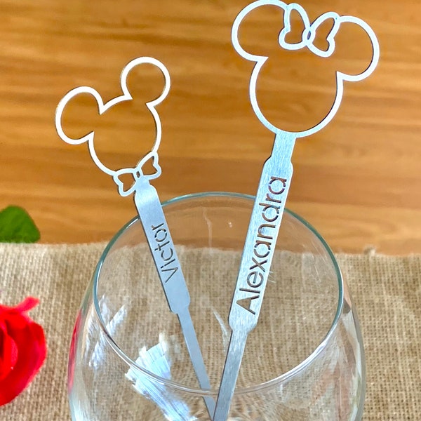 Stainless Steel Personalized Mickey Mouse Minnie Mouse Drink Stirrers Disney Wedding Decorations Custom Names Birthday Swizzle Stir Sticks