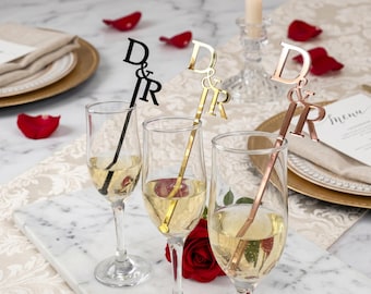 Custom Initial Drink Stirrers – Personalized Wedding Cocktail Swizzle Sticks with Bride & Groom Initials