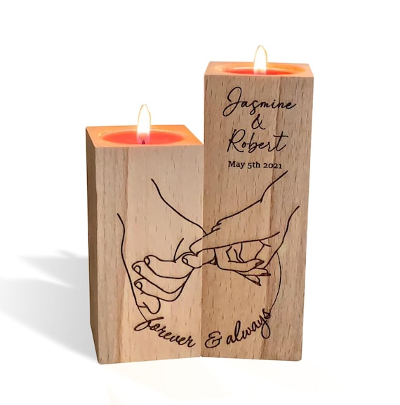 Love Holding Hands Wooden Candle Holder Personalized Names Valentine's Day Gift Custom Engraved Forever & Always Save the Date Lovers Hands