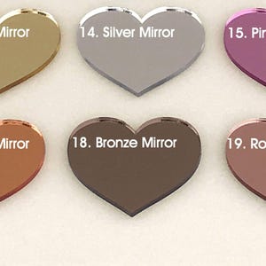 The first image displays a color palette featuring six mirror acrylic options, including gold, silver, rose gold, and other reflective finishes. This selection helps customers choose the perfect color for their acrylic bar menu or event décor.