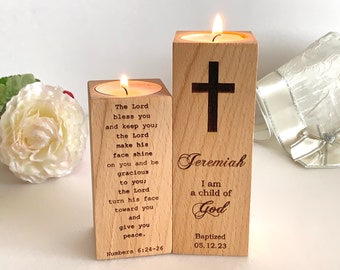 Personalized Religious Candle Holder Engraved Baptism Cross Bible Verse Custom Name Baptized Date Wood Tealight Holder, The Lord Bless You