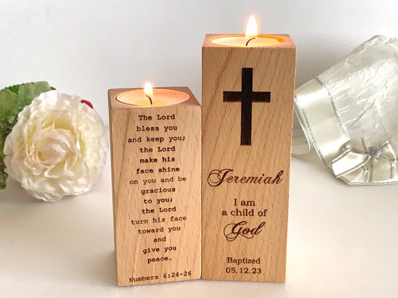 Personalized Religious Candle Holder Engraved Baptism Cross Bible Verse Custom Name Baptized Date Wood Tealight Holder, The Lord Bless You