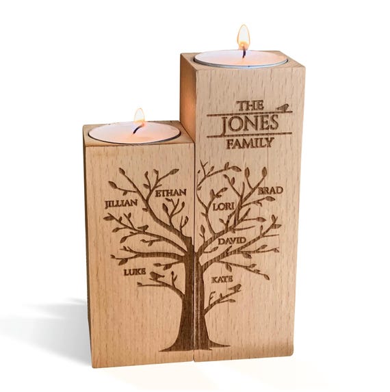 Personalized Family Tree Wood Tealight Candle Holder Custom Names Laser Engraved Home Decorations Christmas gift for Parents, Family Members