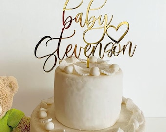Personalized Baby Name Cake Topper Custom Welcome Baby Shower Decorations Calligraphy Birthday Heart  Boy or Girl Table Centerpiece, Script