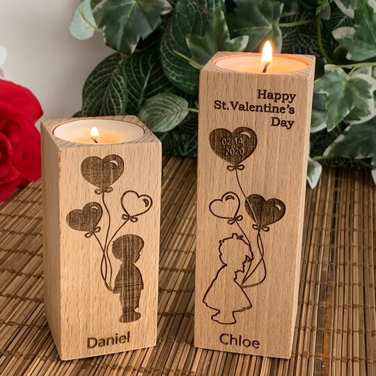 Wooden Candle Holders Personalized Happy Valentines Day Gift Save the Date Engraved Custom Names