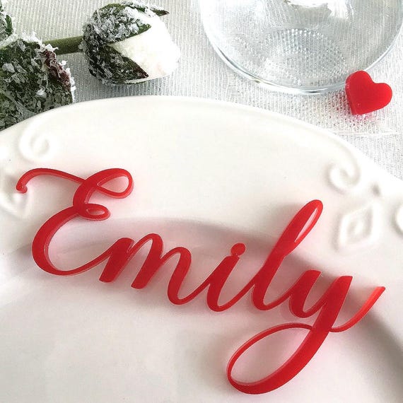 Personalized Acrylic Name Place Cards - Wedding Place Names, Red Laser Cut Names for Wedding Decor, Table Place Cards - Custom Name Cards