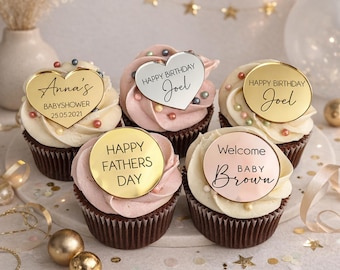 Personalized Acrylic Cupcake Toppers Set, Custom Name Wedding Cake Disks, Mirror Finish