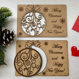 Cartoline di Buon Natale Ornamenti natalizi incisi Biglietto di auguri in legno personalizzato Felice anno nuovo Regalo personalizzato Pallina di Natale rustica