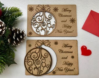 Wood Christmas Cards with Engraved Separating Ornaments | Wooden Greeting Card