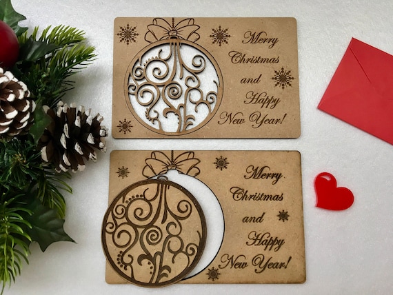 Merry Christmas cards Engraved Xmas ornaments Personalized wooden greeting card Happy New Year Personalized Gift Rustic Christmas Bauble