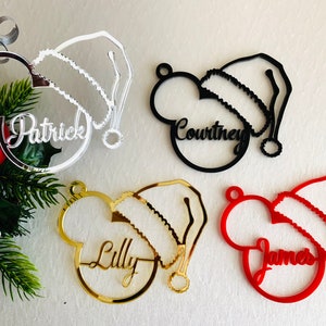 Custom Mickey Mouse Christmas Ornaments Santa Hat Personalized Name Xmas Gift Name Tags Disney Decor Hanging Bauble 2024 Tree Decorations