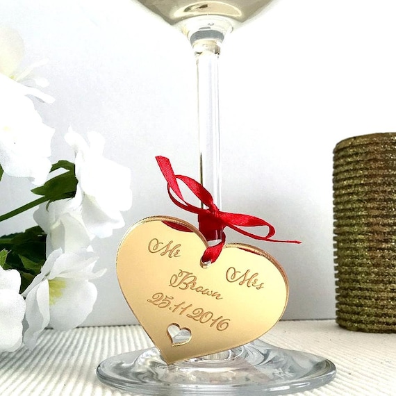 Custom save the date Personalised gift tag Save the date Wedding heart Wine Glass Charms Laser cut engraved hearts Wedding gift Heart charms
