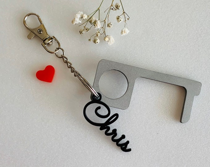 Touch Free Door Opener, Laser Cut Custom Name Keychain, No Touch Tool Key, Button Pusher, Door Puller, Hygiene Keyring, Social Distancing