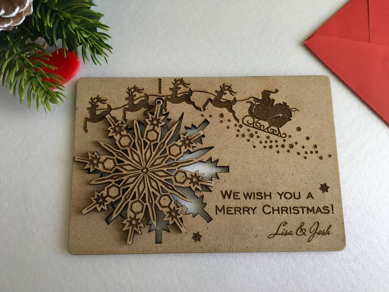 Personalized Christmas greeting cards Custom wood cards Personal message Christmas gift Engraved ornament Xmas cards Merry Christmas holiday 