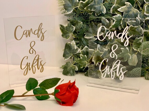 Cards and Gifts Table Sign Freestanding Clear Acrylic Sign Birthday Wedding Reception Decorations Calligraphy Any Color Foil Print Boho Chic