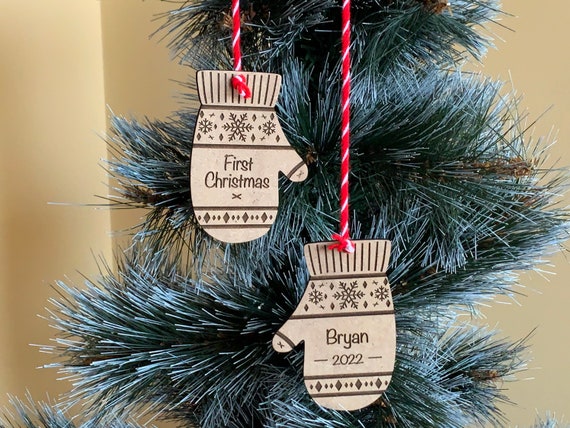 Personalized Wooden Christmas Mittens, Baby's First Christmas, Custom Engraved Name & Year, Wood Gloves Kids Xmas Ornament 2025, Baby Gift
