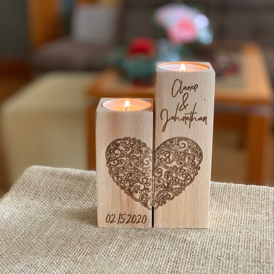 Disover Personalized Wooden Candle Holder Heart Love Tea light Candles Wedding Save Date