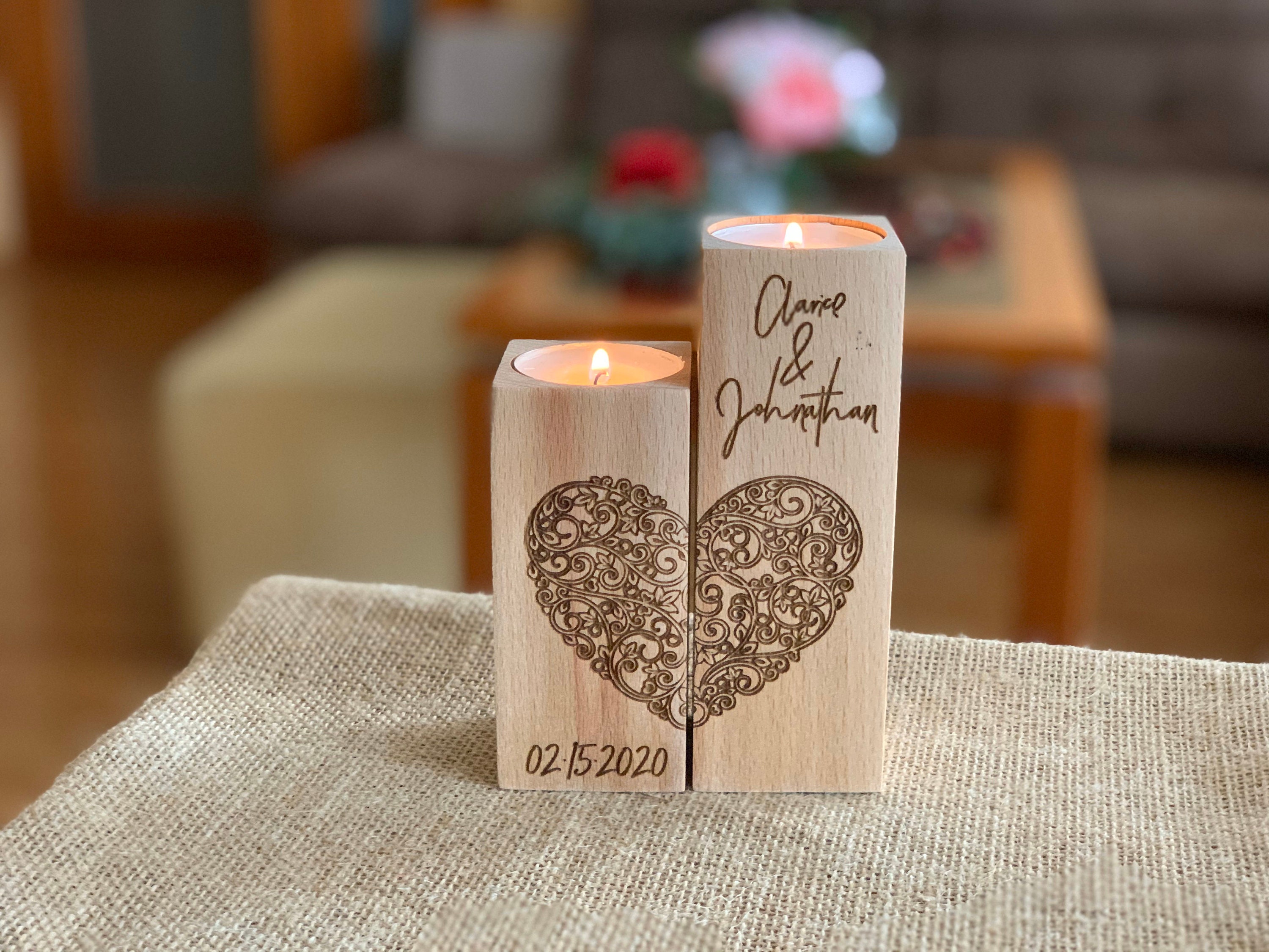 Personalized Wooden Candle Holder Custom Candlestick Holders with Engraved Photo Text Heart Romantic Tea Light Candleholders Birthday Valentines Wedding 