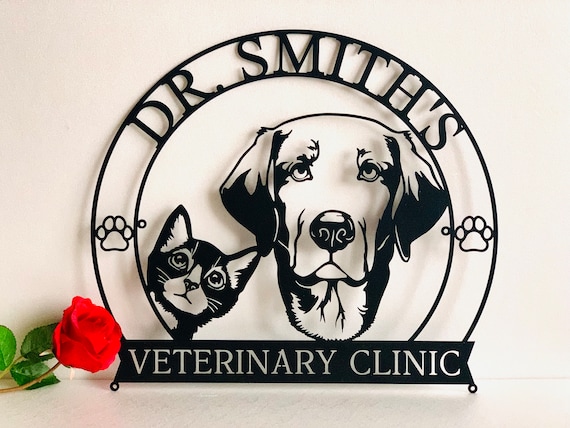Personalized Veterinarian Name Sign Custom Veterinary Clinic Vet Gift Door Name Plaque Cat Dog Silhouette Metal Wall Art Decor Doctor Sign