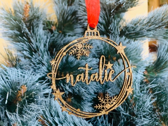 Personalized Gold Glitter Christmas Tree Ornament Custom Name Bauble Xmas Decorations Holiday Gift for Family Gift Name Tags Laser Cut Names