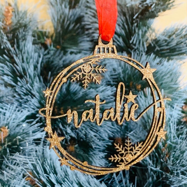 Personalized Gold Glitter Christmas Tree Ornament Custom Name Bauble Xmas Decorations Holiday Gift for Family Gift Name Tags Laser Cut Names
