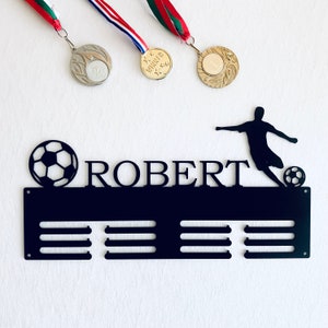 Personalized Soccer Medal Holder - Metal Hanger Football Trophy Display Rack for Awards Personalized Text Handmade Sports Sign Custom Design