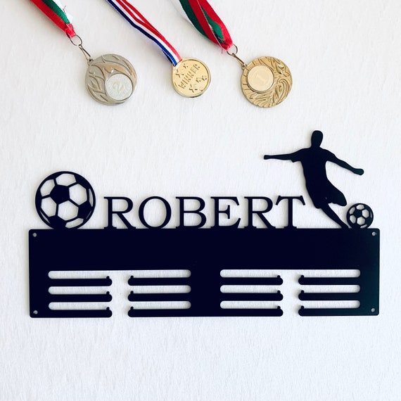 Personalized Soccer Medal Holder - Metal Hanger Football Trophy Display Rack for Awards Personalized Text Handmade Sports Sign Custom Design