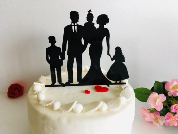 Wedding Cake Topper with Children Mr and Mrs Wood Any Color Cake Toppers Family Silhouette Family Wedding Bride and Groom Kids Custom Orders