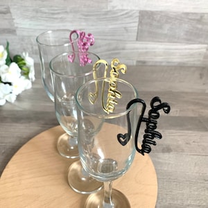 Personalized Wine Glass Charms with Heart Custom Wedding Name Tags for Glasses Cocktail Names Hanging Drink Markers Seating Chart Drink Tags image 6