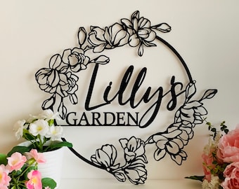 Personalized Garden Metal Name Sign, Custom Outdoor Floral Wall Decor for Garden Lovers