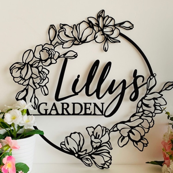 Personalized Garden Metal Name Sign, Custom Outdoor Floral Wall Decor for Garden Lovers