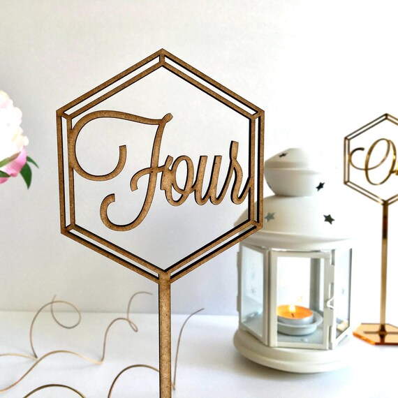 Wooden Wedding Script Table Numbers Stand Freestanding Hexagon Geometric Laser Cut Elegant Table Number Signs with Base Rustic Wedding Signs