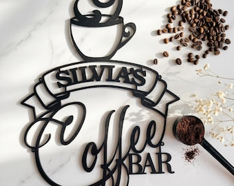 Personalized Metal Coffee Bar Sign, Custom Name Coffee Station Decor