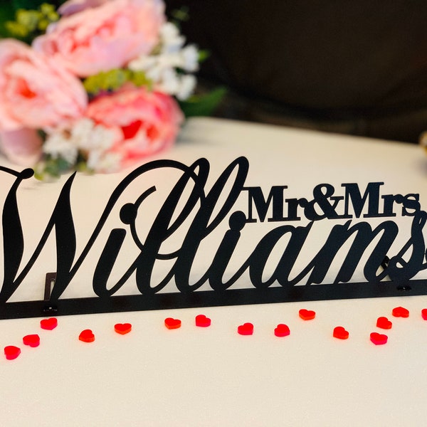 Wedding Name Metal Sign Mr and Mrs Sign Custom Name Sign Personalized Freestanding Surname Sign Sweetheart Table Decor Last Name Centerpiece