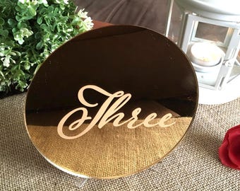 Wedding Table Numbers | Engraved Script Acrylic Round Signs | Cursive Reception Number Holders – Available Colors