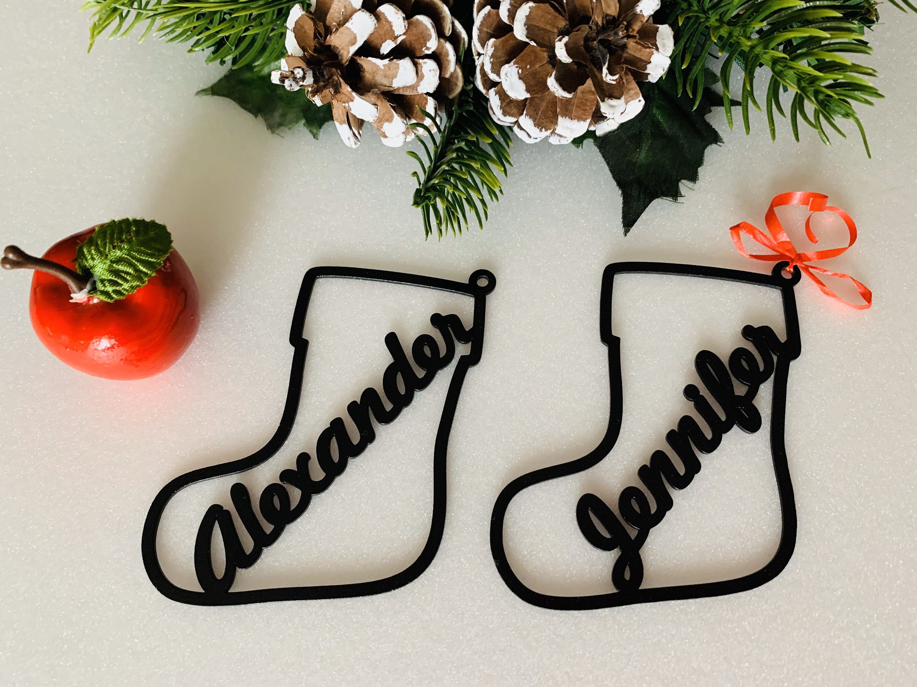 Christmas Stocking Tags in Acrylic and Wood, Custom Name Tags