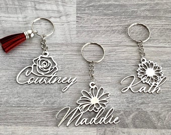 Llavero con nombre personalizado, llavero con flor de nacimiento, collar del mes de nacimiento, llavero personalizado, colgante floral, joyería de plata, rosa, margarita, girasol