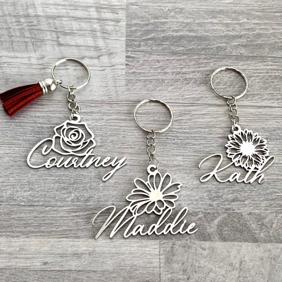 Personalized Name Keychain Birth Flower Keychain Birth Month Necklace Custom Keyring Floral Pendant Silver Jewellery, Rose, Daisy, Sunflower